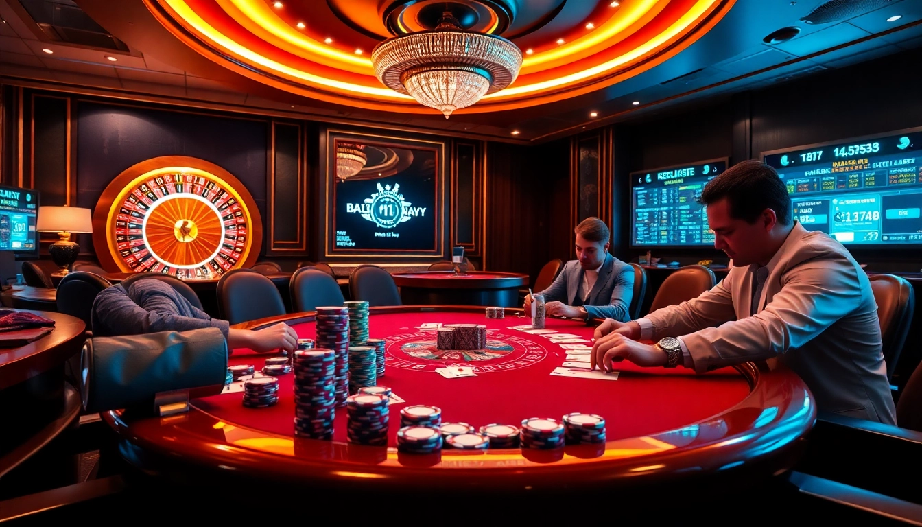 Exciting poker game scene at https://rr88.navy/ with vibrant chips and intense players.