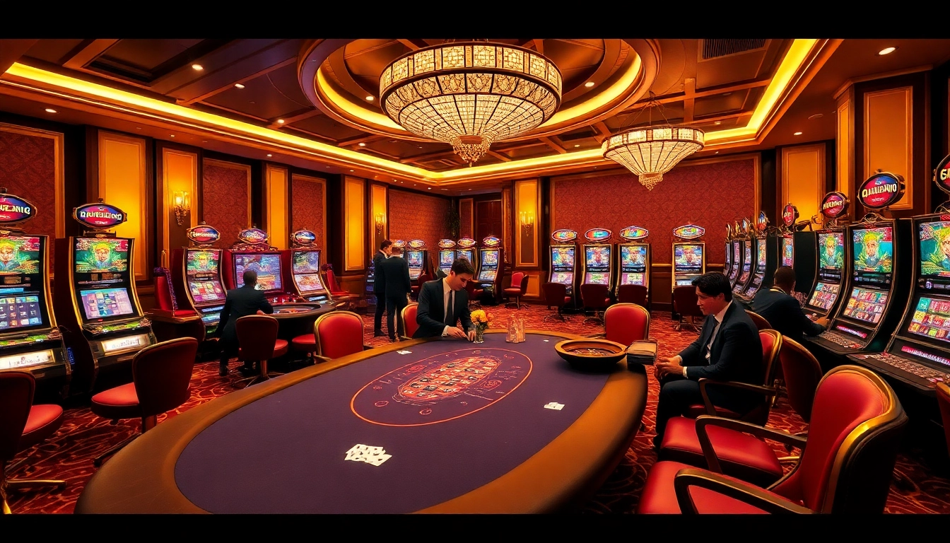 Experience the excitement of DN88 at a luxurious casino with vibrant slot machines and poker tables.