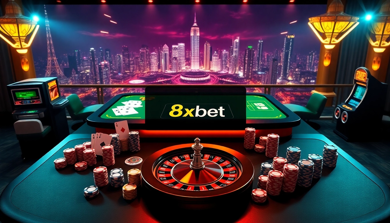 Engaging scene of online gambling with đăng nhập 8xbet interface, luxury casino elements like cards and chips.