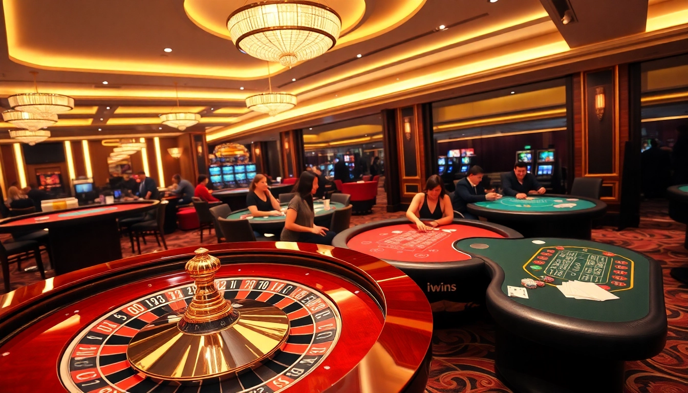 Players enjoy a thrilling casino experience with iwins, featuring vibrant tables and roulette.