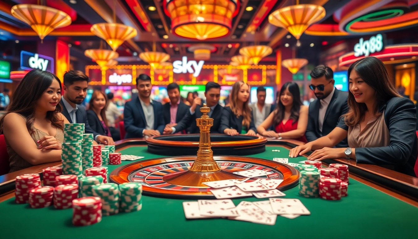 Experience the excitement of sky88 casino with high-stakes poker chips and a vibrant roulette wheel.