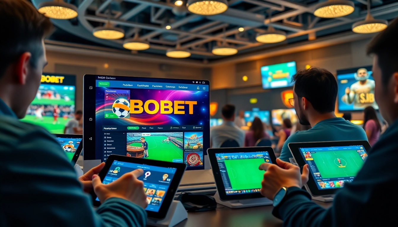 SBOBET.dance online betting interface showing football, esports, and casino games in a vibrant setting