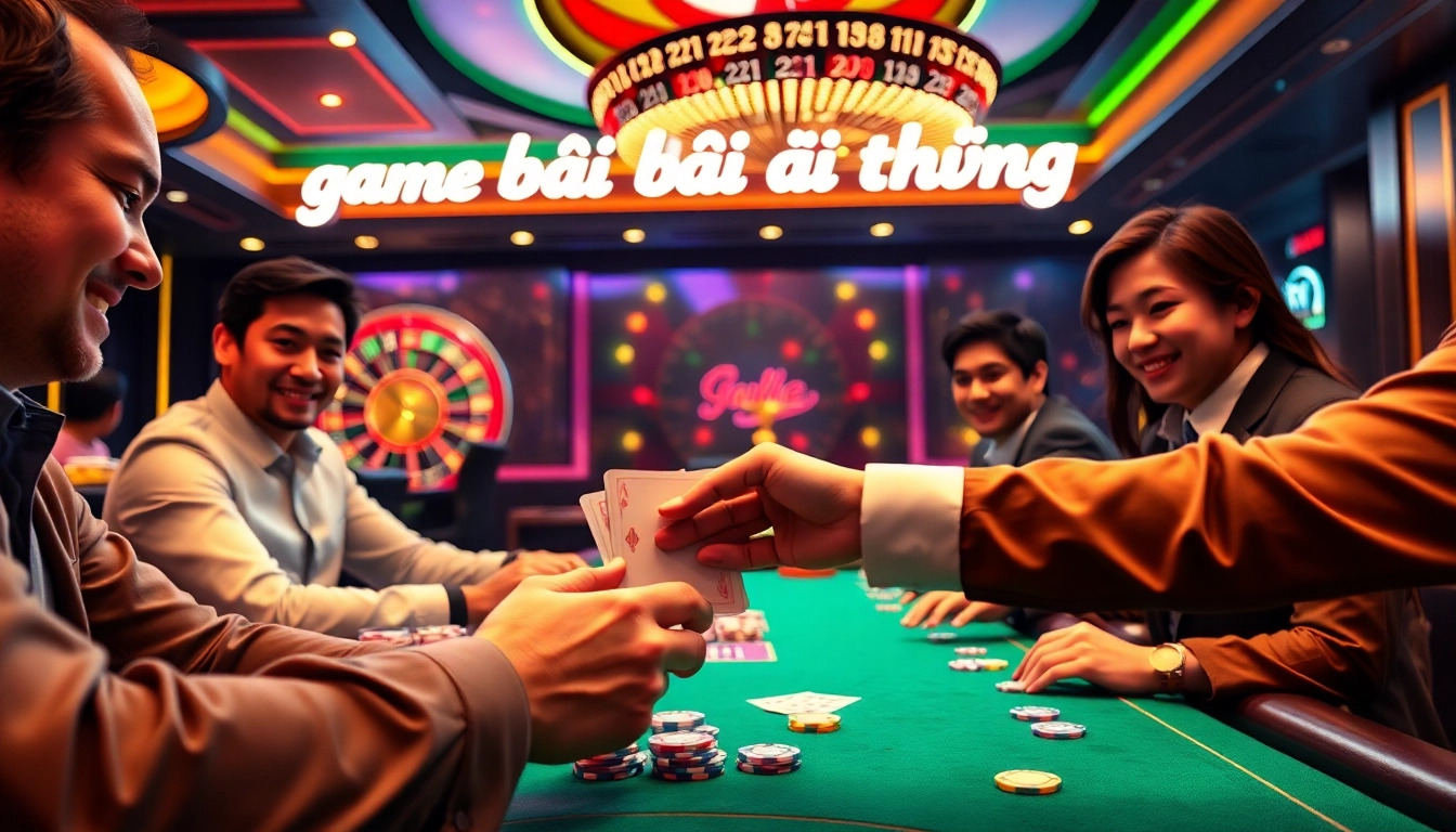 Engaging scene of players enjoying game bài đổi thưởng at a luxurious casino table.