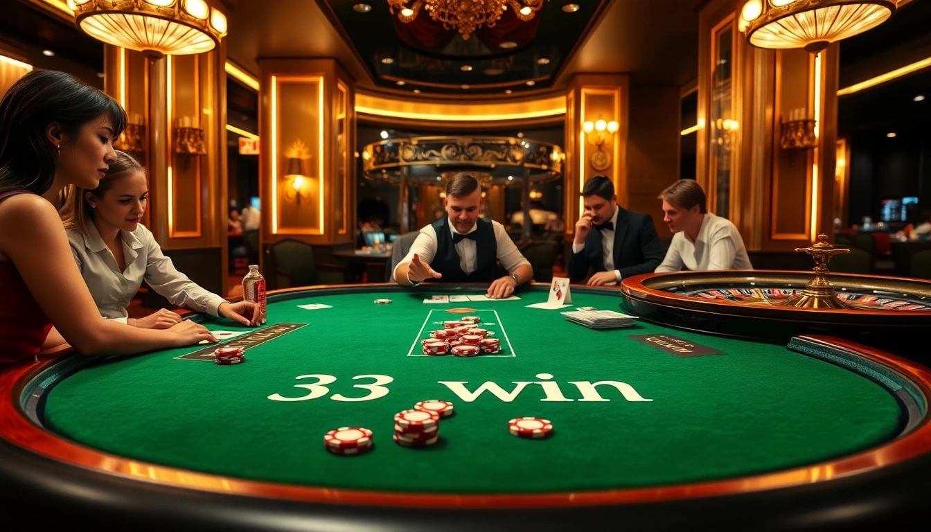 Experience the thrill of winning at 33win's luxurious poker table with vibrant chips and cards.