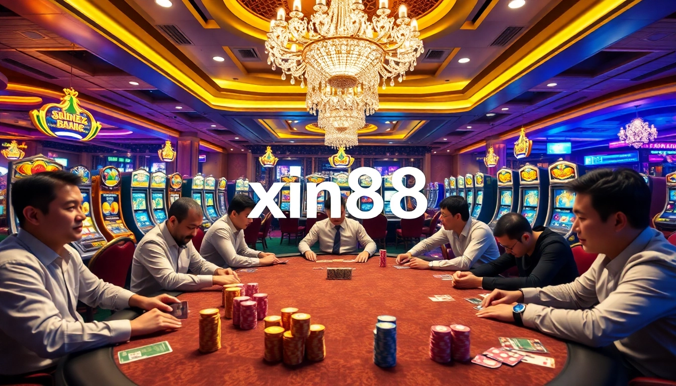 Exciting casino scene depicting a poker game with vibrant elements related to xin88.