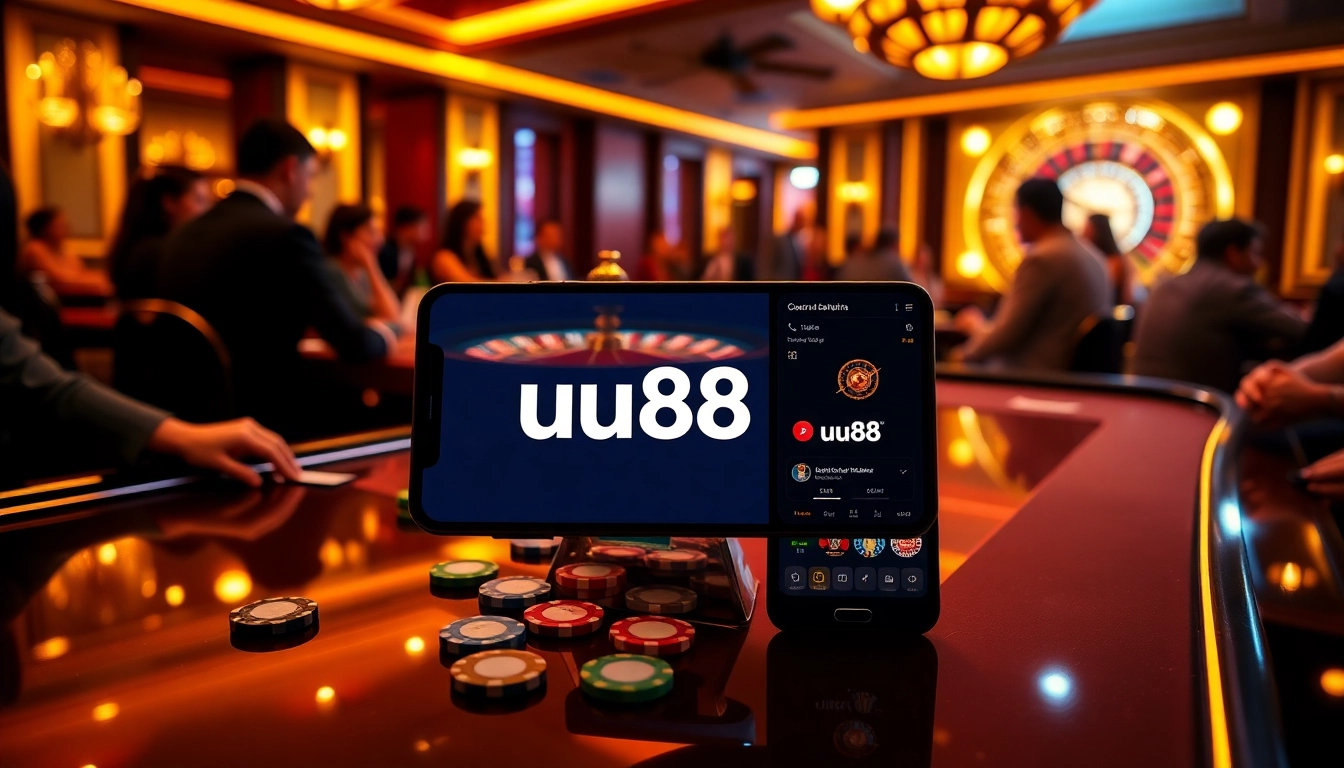 Experience the thrill of uu88 with a vibrant casino scene of poker games and roulette.