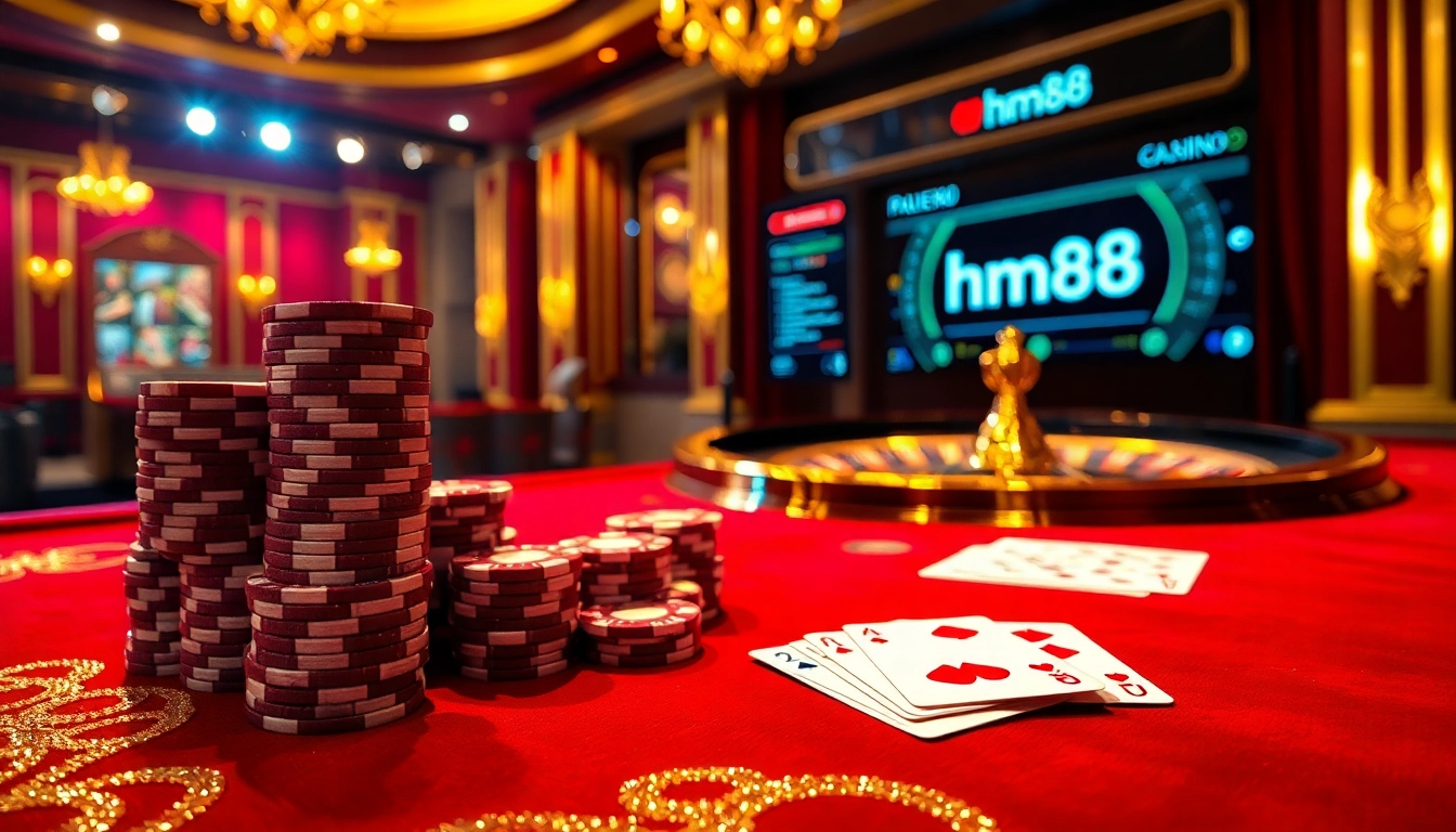 Engaging casino scene with luxurious elements showcasing hm88 on a gambling table, poker chips and cards.