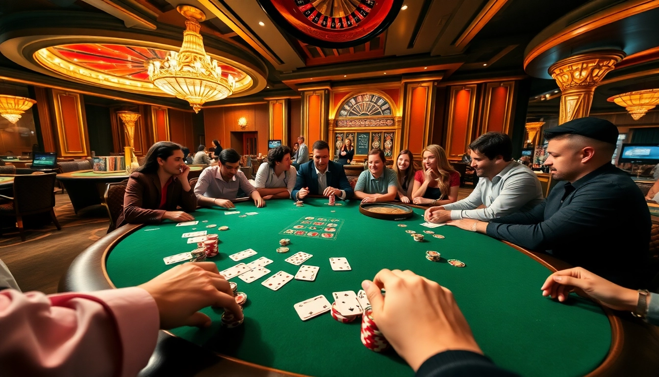Experience the thrill of poker at https://s8mode.com/ with vibrant chips and excited players in a luxury casino.