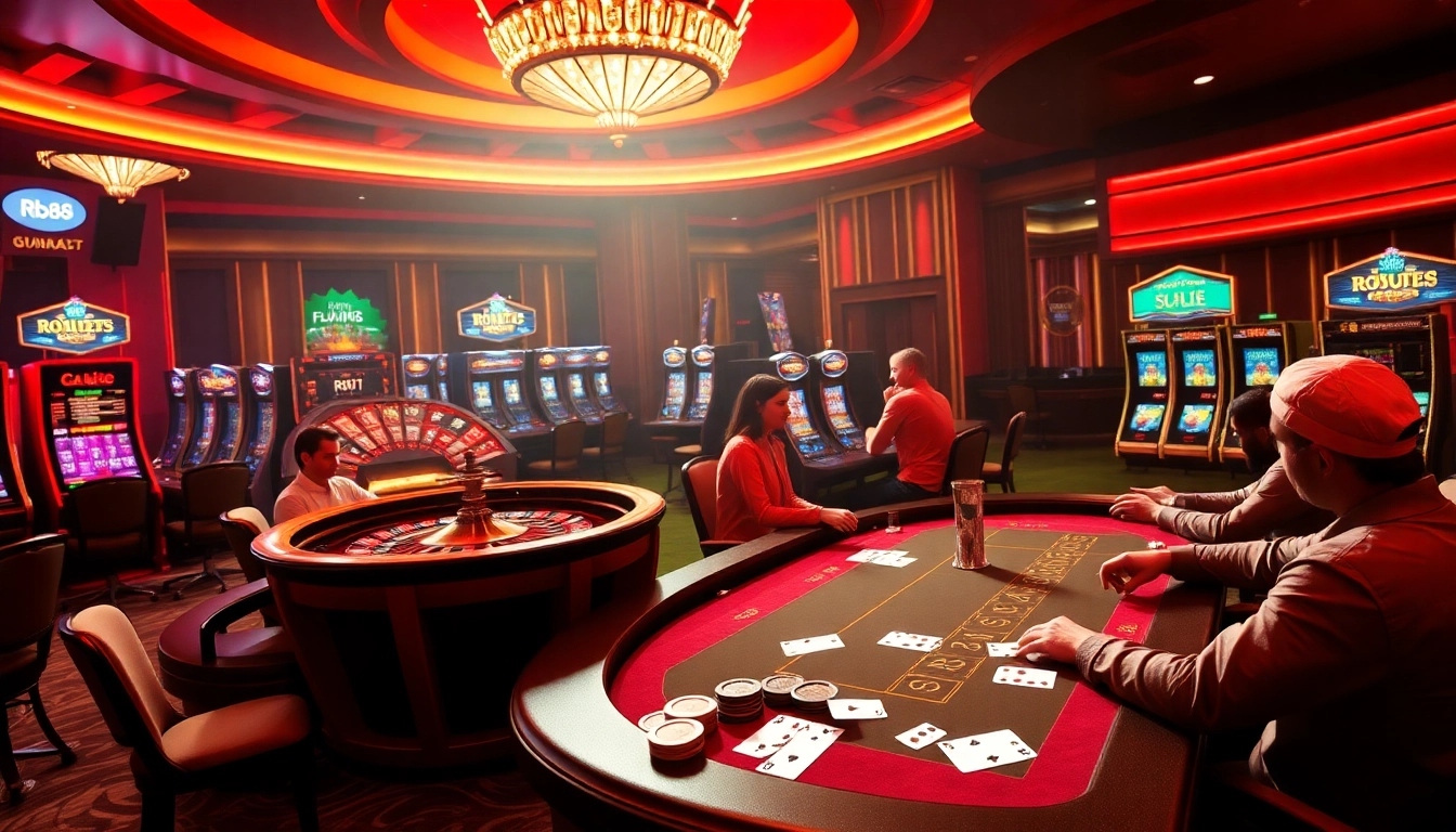 Exciting gameplay scene at rr 88 casino featuring roulette and poker tables.