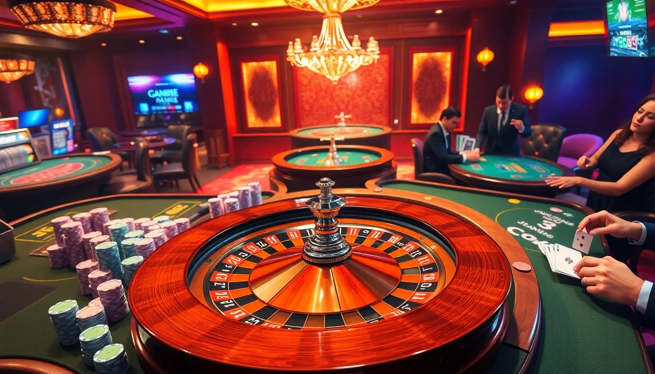 Experience the thrill of game bài đổi thưởng in a luxurious casino environment filled with dynamic gaming elements.