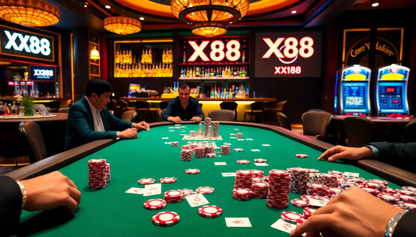 Exciting poker game scene with XX88 branding, showing colorful chips and players immersed in action.