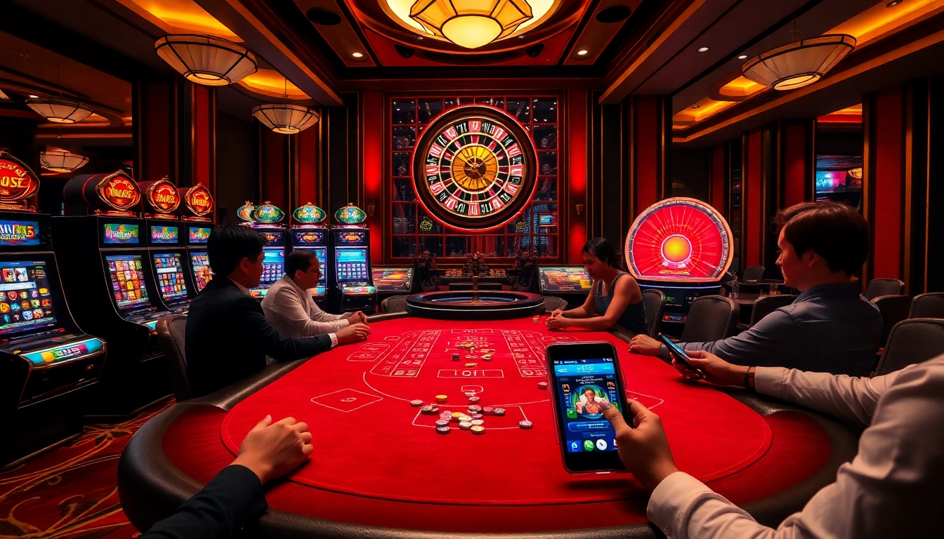 Immerse yourself in the exciting casino ambiance at https://kk55.gratis/ with players at a poker table and thrilling slot machines.