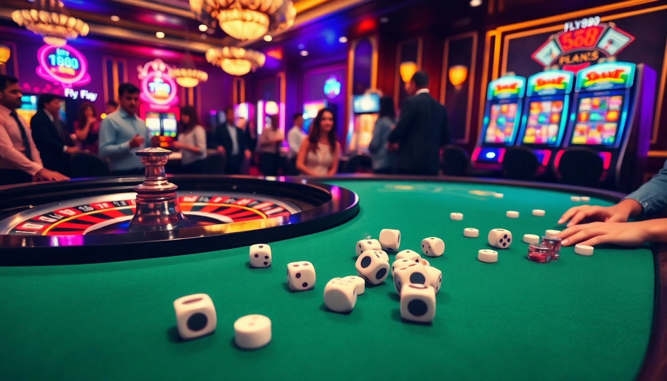 Exciting FLY888 casino scene featuring roulette, poker, and vibrant slot machines.