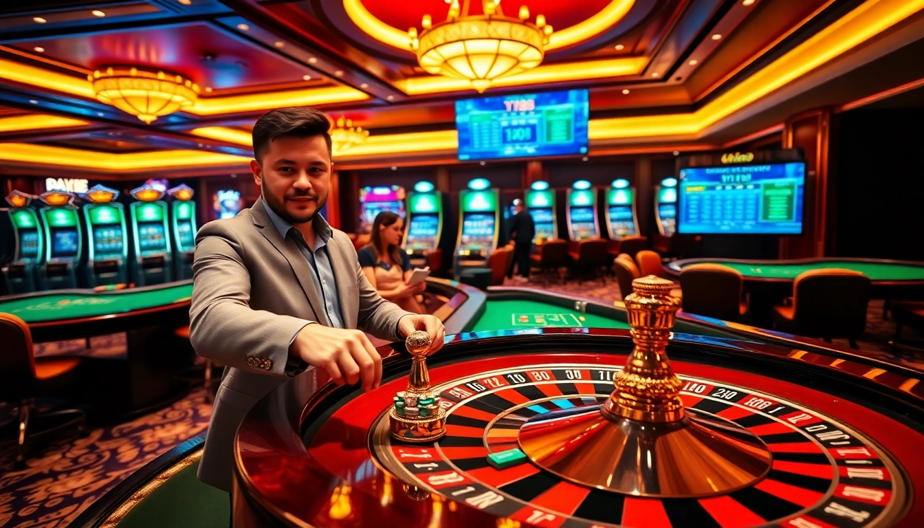 Using vt88 to place a bet at an upscale casino table with a roulette wheel.