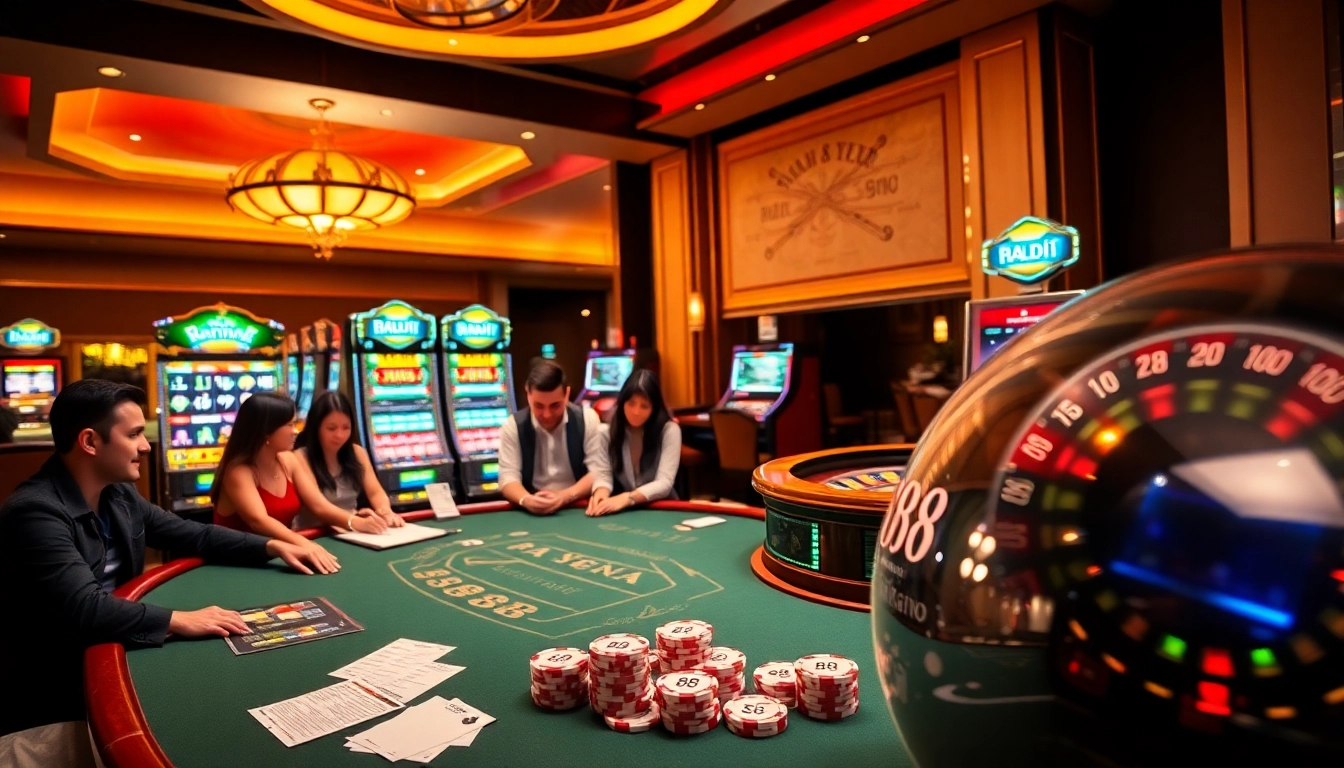 Action-packed casino scene featuring poker players and vibrant slot machines, symbolizing the thrill of 88i gaming.