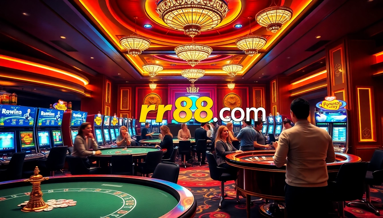 Players enjoying games at rr88 com casino, featuring vibrant tables, slot machines, and roulette.