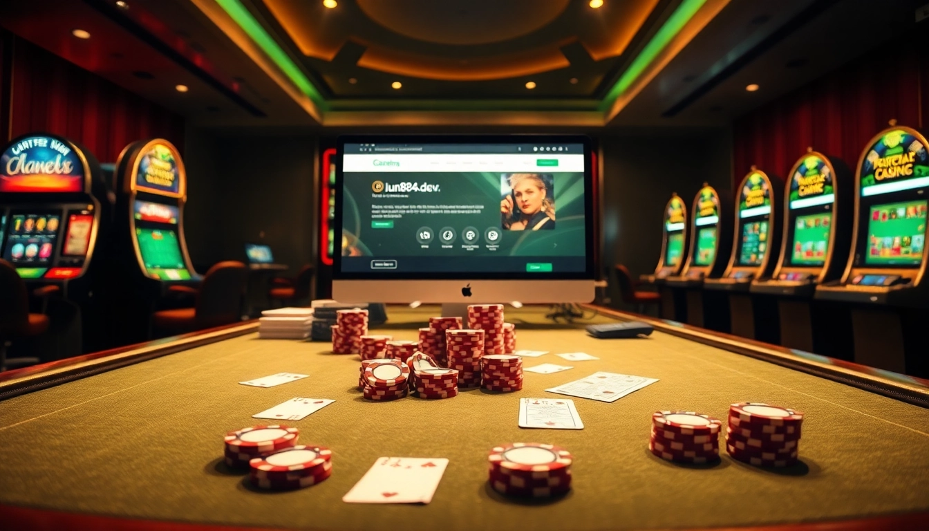 The excitement of online gambling at https://jun886.dev/ featuring luxury casino tables, cards, and betting slips.
