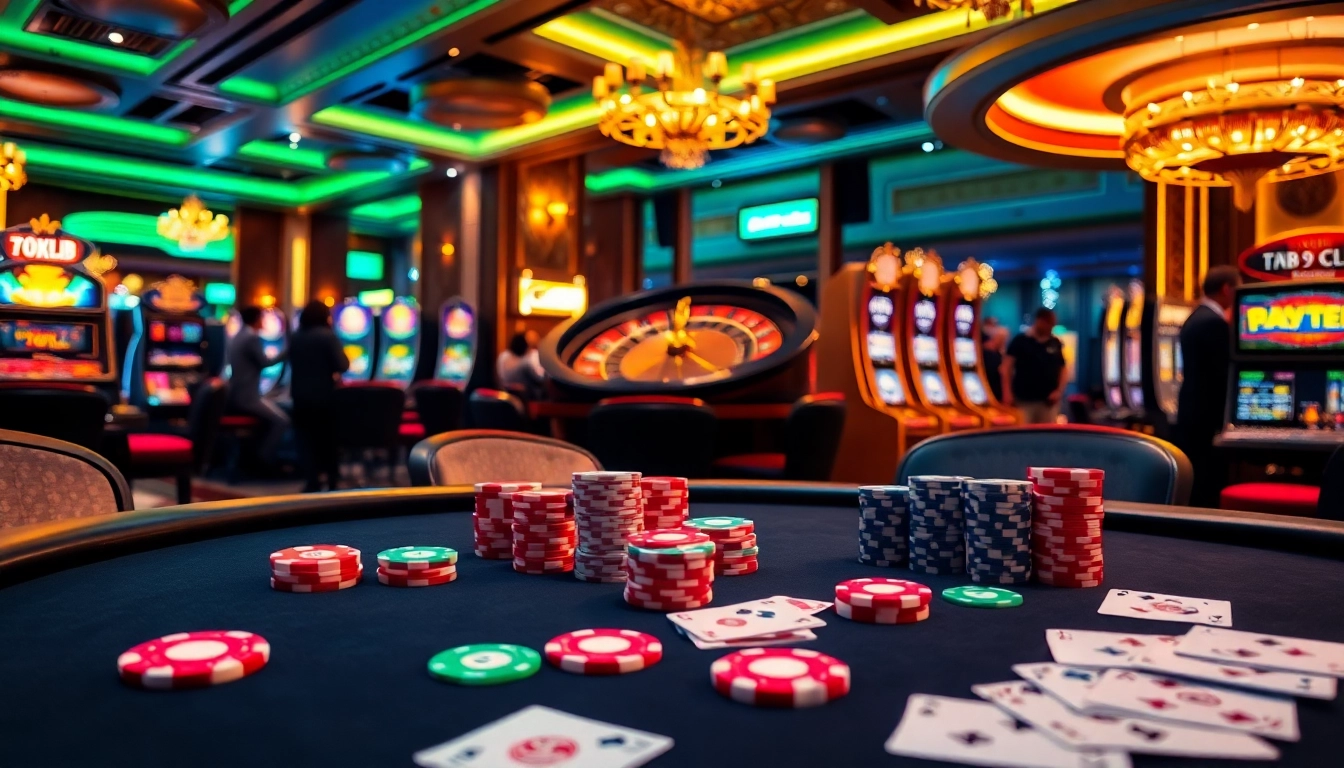 Players enjoying an exciting poker game at 789CLUB casino with vibrant chips and cards.