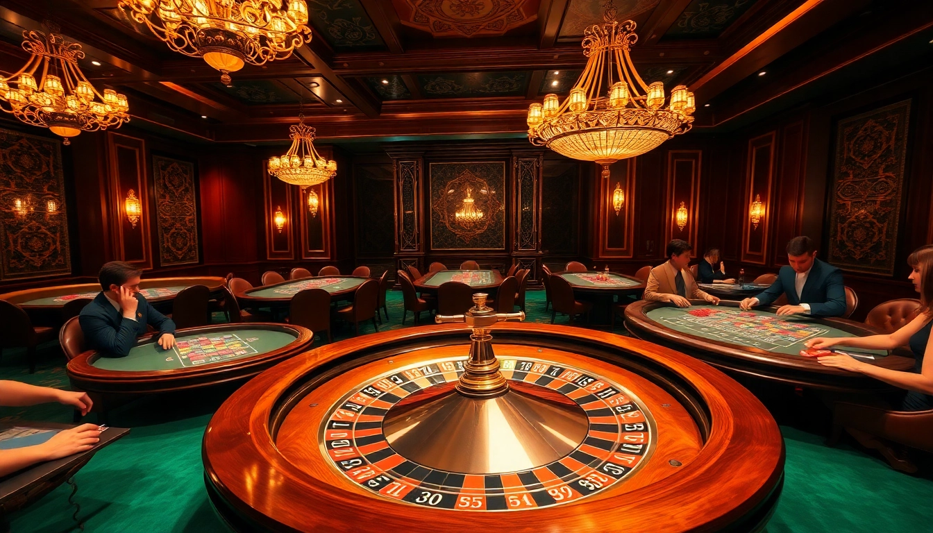Players enjoying a vibrant casino atmosphere with LUCK8-themed tables and roulette wheels.