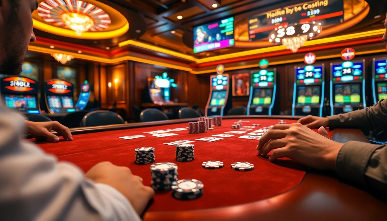 Intense gameplay on a poker table highlighting game bài đổi thưởng with luxurious casino elements.