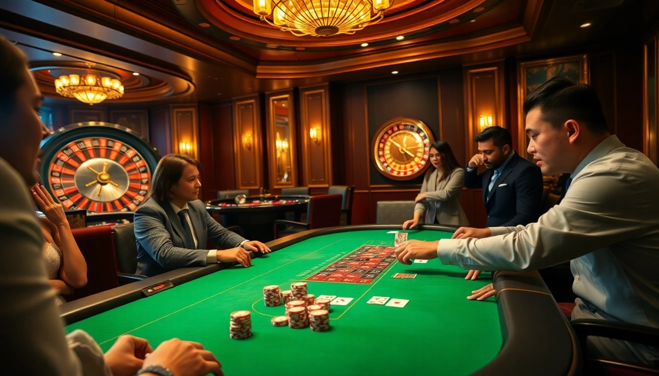Engaged players at the 88i poker table enjoying an exciting casino experience with vibrant lights.