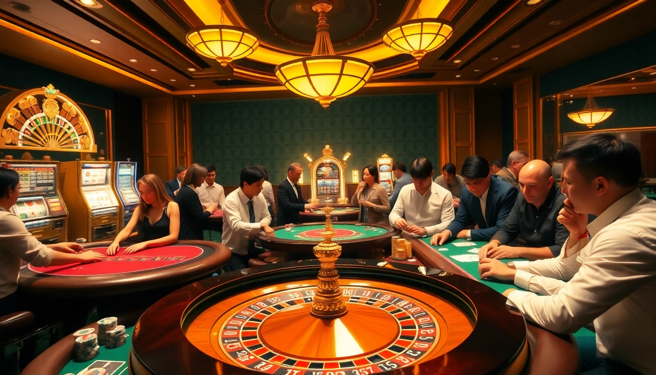 Exciting casino atmosphere with players immersed in games at https://big88.sa.com, showcasing poker tables and a roulette wheel.