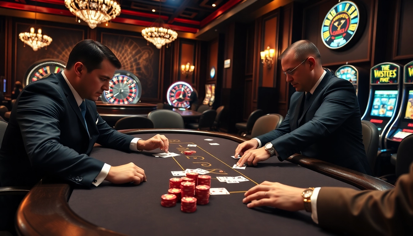 Players engaging in a high-stakes poker game at 789F, showcasing vibrant casino elements and excitement.