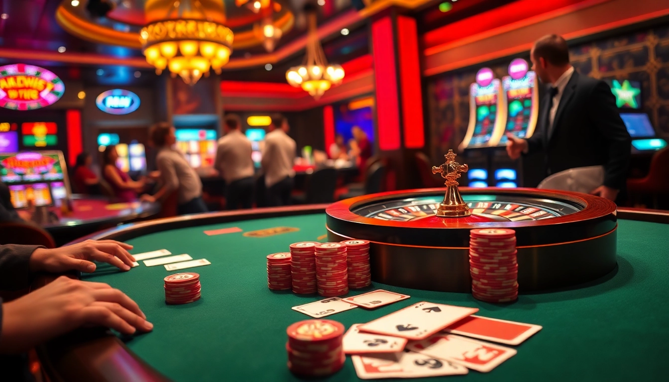 Engaging scene of RIKVIP gambling with poker table, roulette wheel, and vibrant slot machines.
