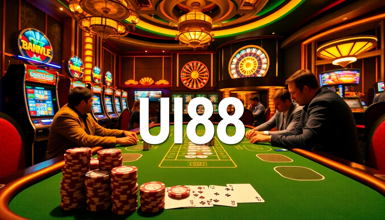 Players enjoying blackjack and slot machines at UU88's luxurious casino atmosphere.