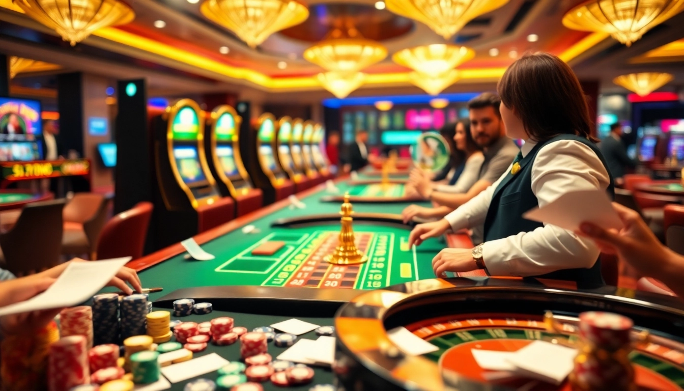 Fun88 enhances excitement at a casino table with dealers and vibrant gaming elements.