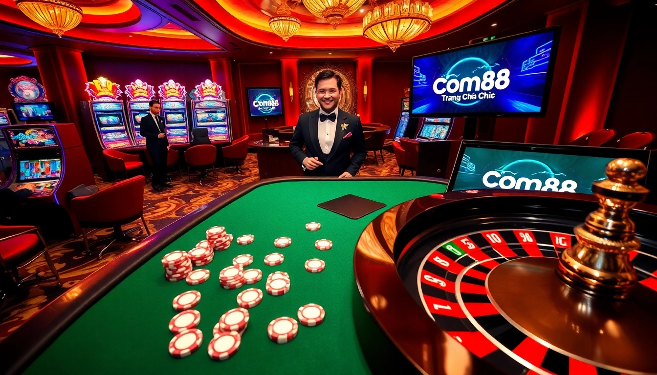 Experience the thrill of cm88 trang chủ with a luxurious poker table and vibrant slot machines.