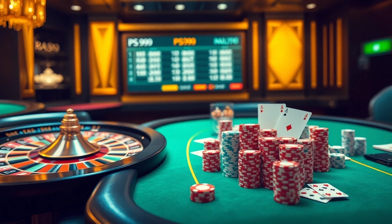 Glamorous scene of online gambling at nhà cái PS99 showcasing poker chips and a roulette wheel.
