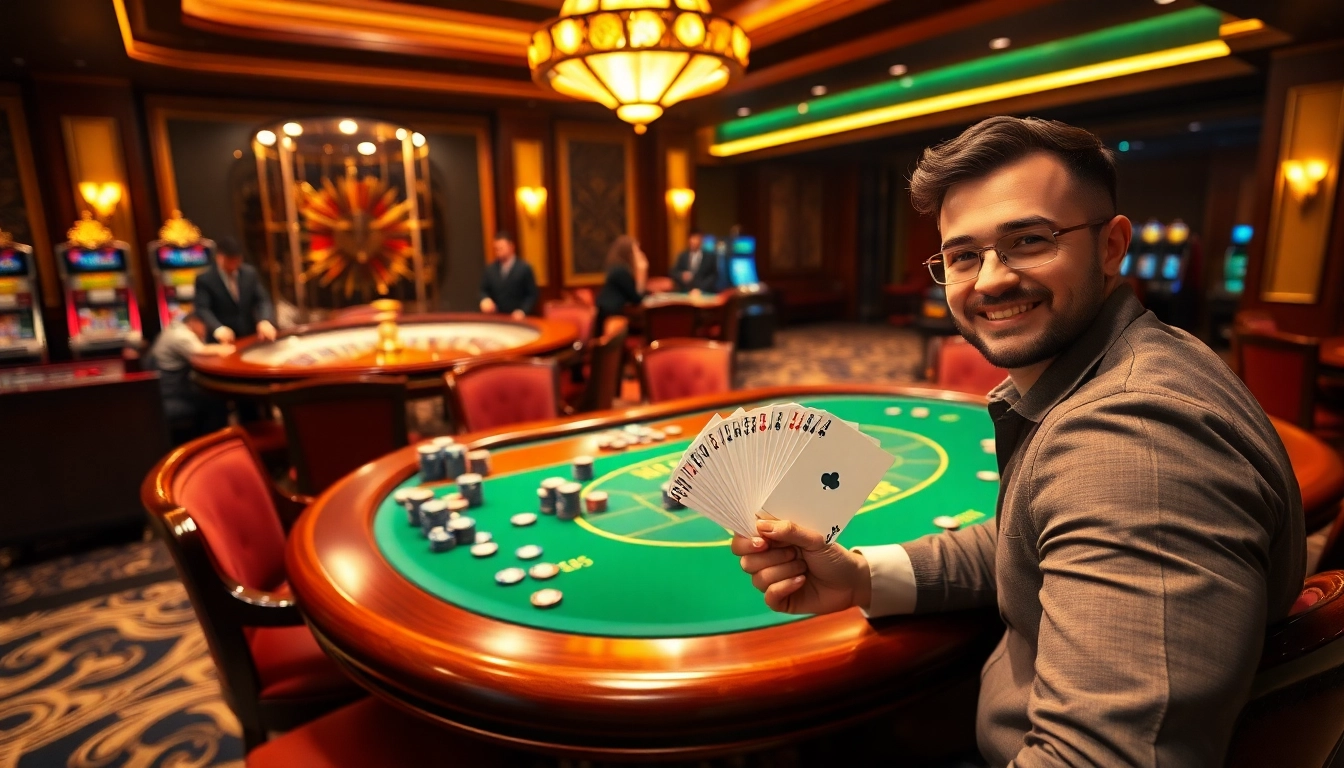 Engaged players at a luxurious MB66 casino poker table celebrating a win.