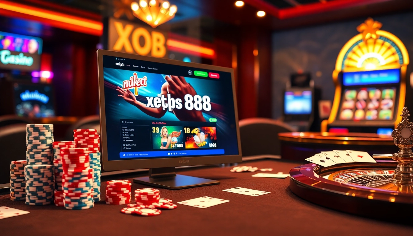 Experience thrilling gaming at https://xo88hi.com/ featuring vibrant casino elements like roulette wheels and poker chips.