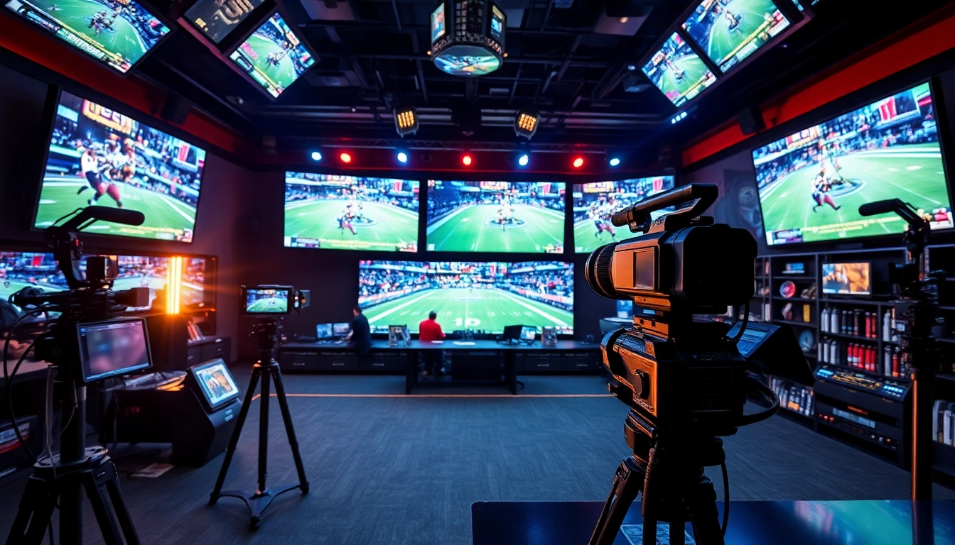 Engaging scene of sports broadcasting studio showcasing dynamic equipment and live action.