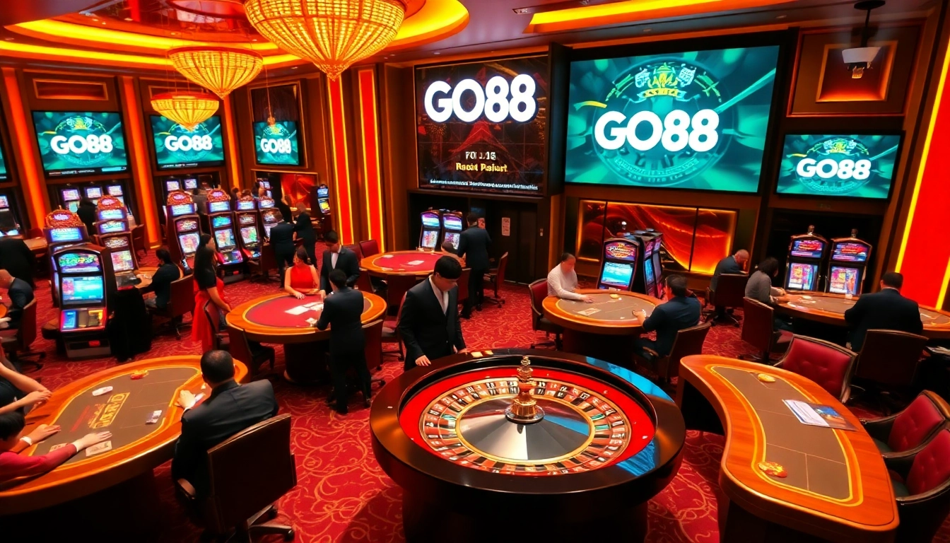 Exciting gaming action at GO88 - vibrant casino with roulette and poker tables.
