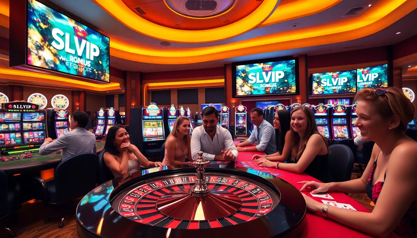 Players enjoying a thrilling SLVIP gaming experience at luxurious casino tables with vibrant slot machines.
