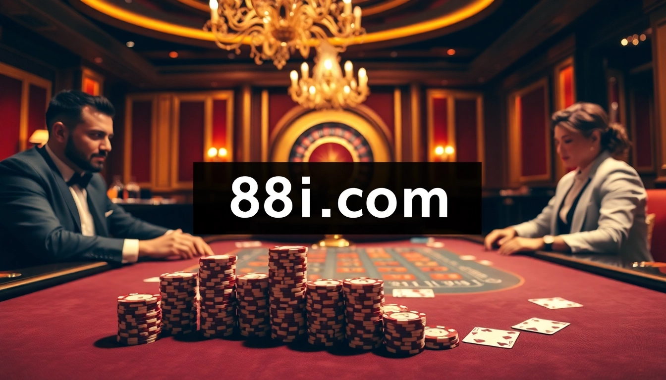 Exciting poker game at 88i com casino showcasing stacked chips and a roulette wheel.