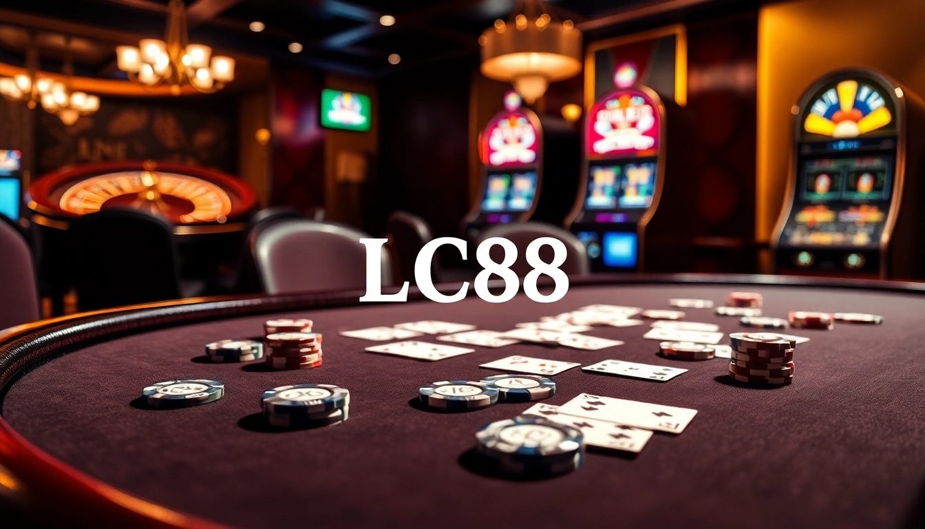 Experience thrilling gambling action with LC88 in a luxurious casino setting.