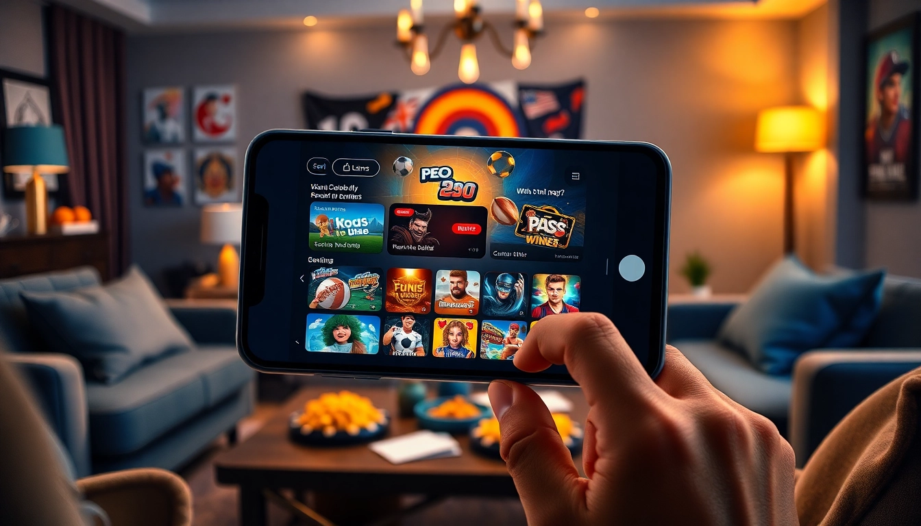 Hello88win.live app interface on a smartphone in a cozy living room, showcasing an exciting online gambling experience with vibrant colors.