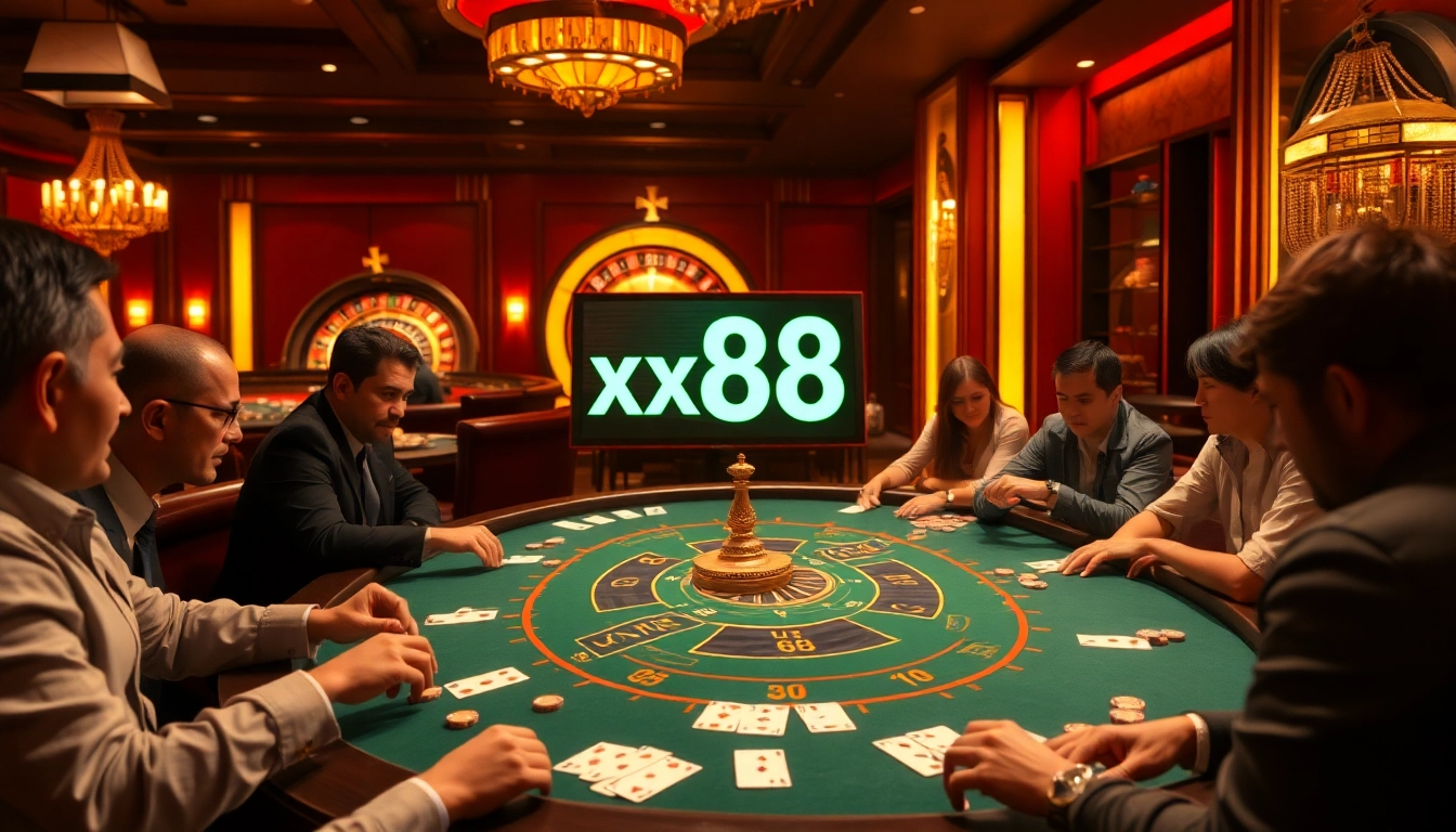 Players enjoy an exciting game of poker at a luxury casino table with xx88 branding.