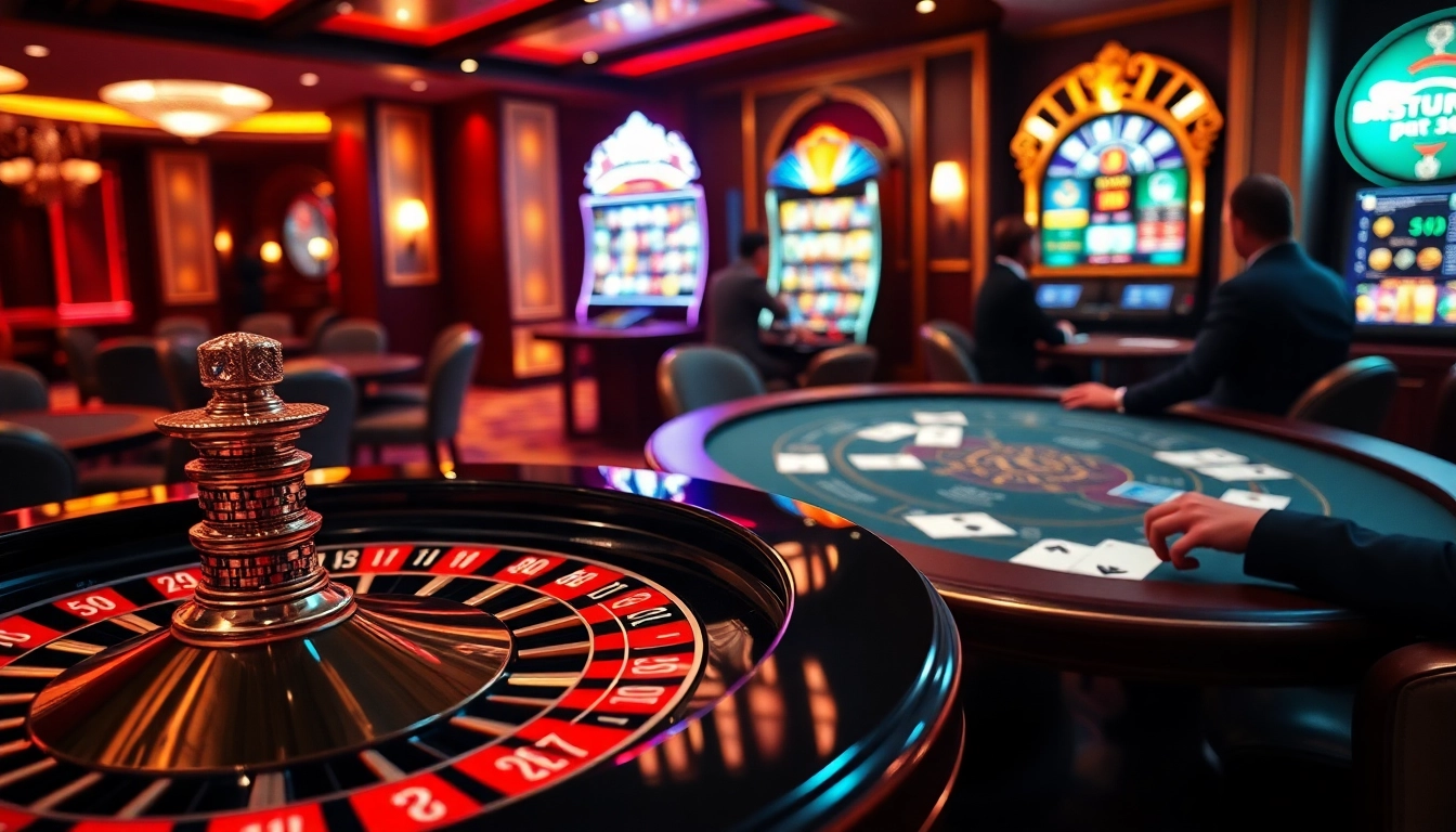 Experience the thrill of ph33 with a vibrant casino scene featuring roulette, poker, and slot machines.