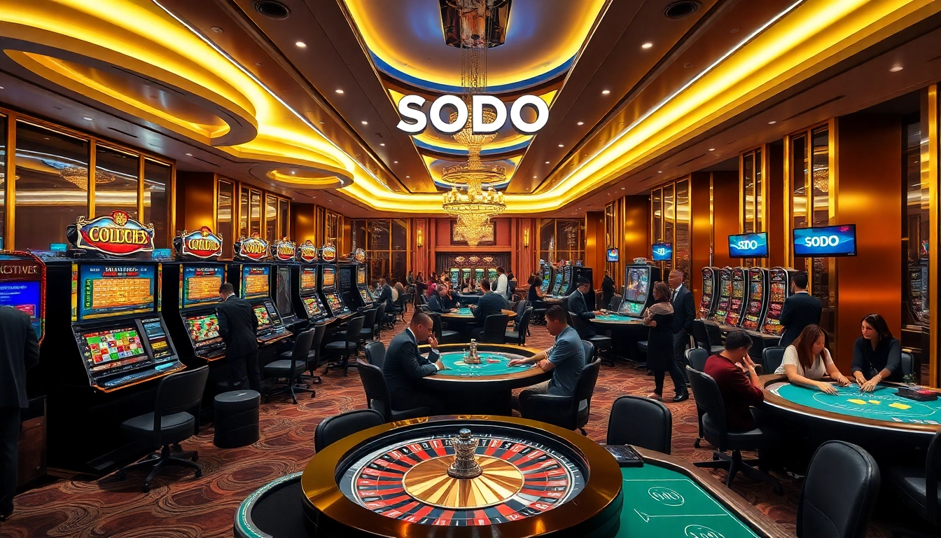 SODO casino interior showcasing players at poker tables, roulette, and slot machines in a vibrant atmosphere.