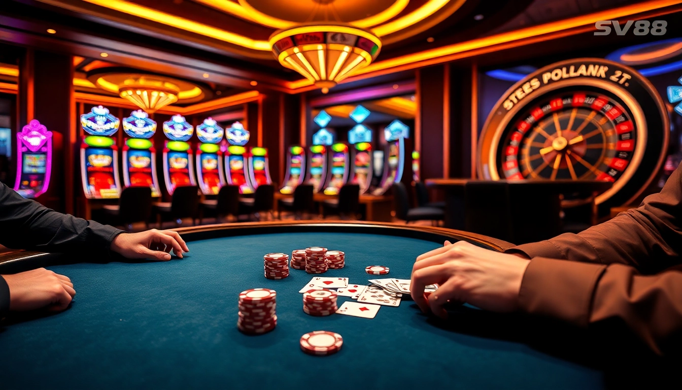 Engage in a thrilling poker game at the SV88 casino table with vibrant chips and cards.