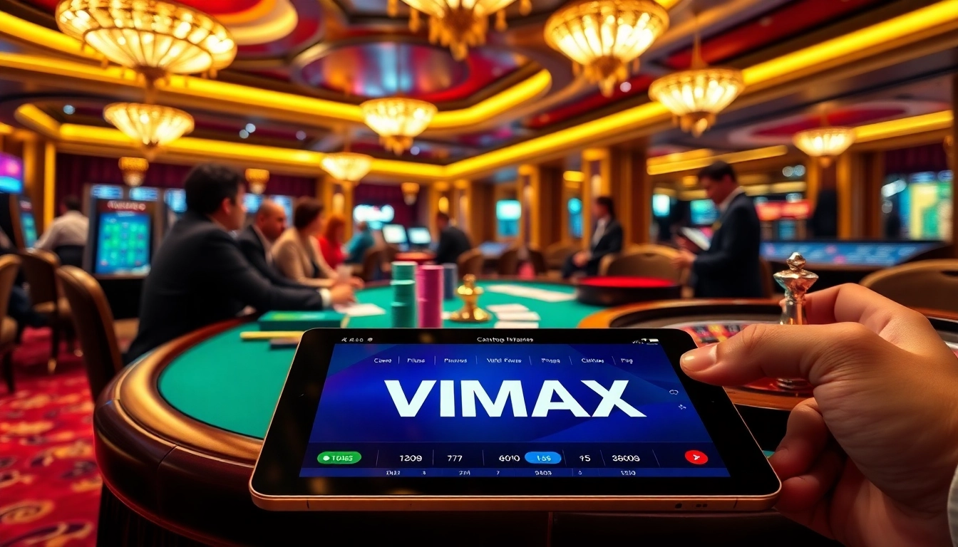 VMAX online gambling interface enhances excitement with poker chips, cards, and casino tables.