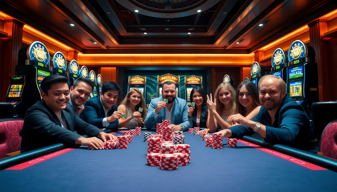 Players enjoying a professional KK55 poker game with colorful chips and lively casino atmosphere.