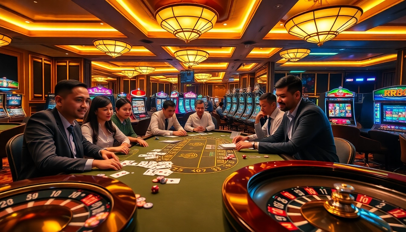Experience the excitement of RR88 with professional gamblers enjoying casino games at vibrant tables.