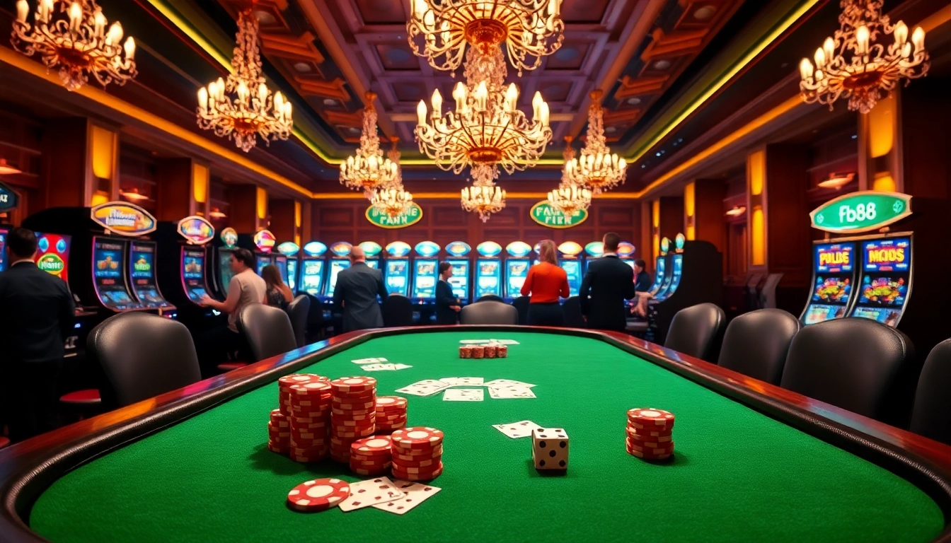 Experience thrilling gameplay at Fb88's luxurious poker table with vibrant chips and exciting action.