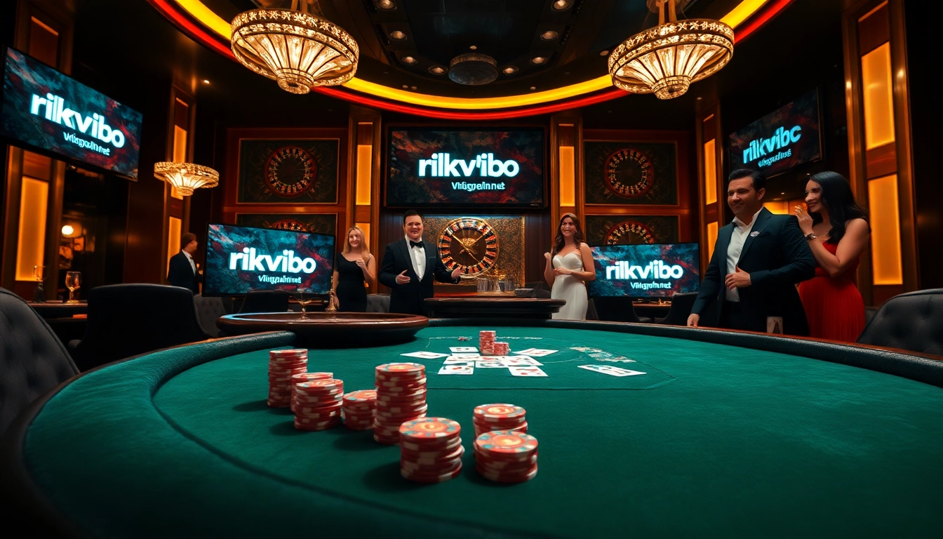 Experience high-stakes gaming at rikvip.gb.net with a luxurious poker table and roulette wheel.