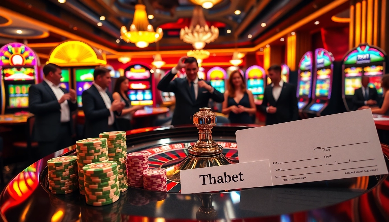Action-packed casino scene showcasing Thabet-themed roulette with excited players and colorful slot machines.